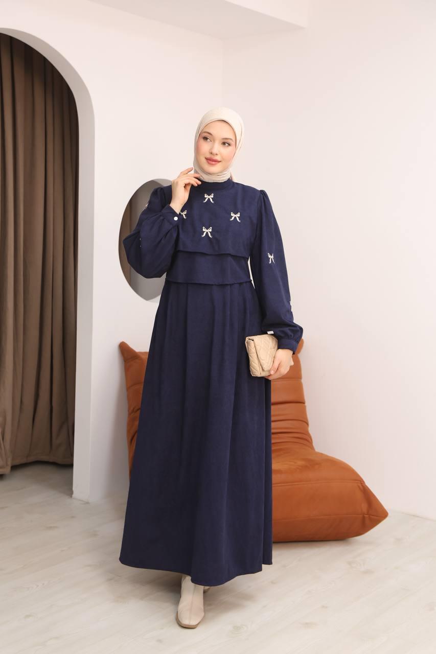 7082 Fiyonk İşlemeli Elbise - Lacivert