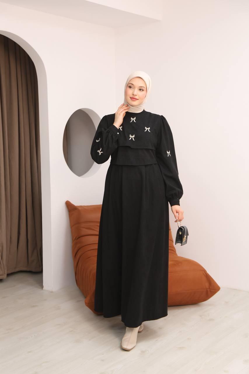 7082 Fiyonk İşlemeli Elbise - Siyah
