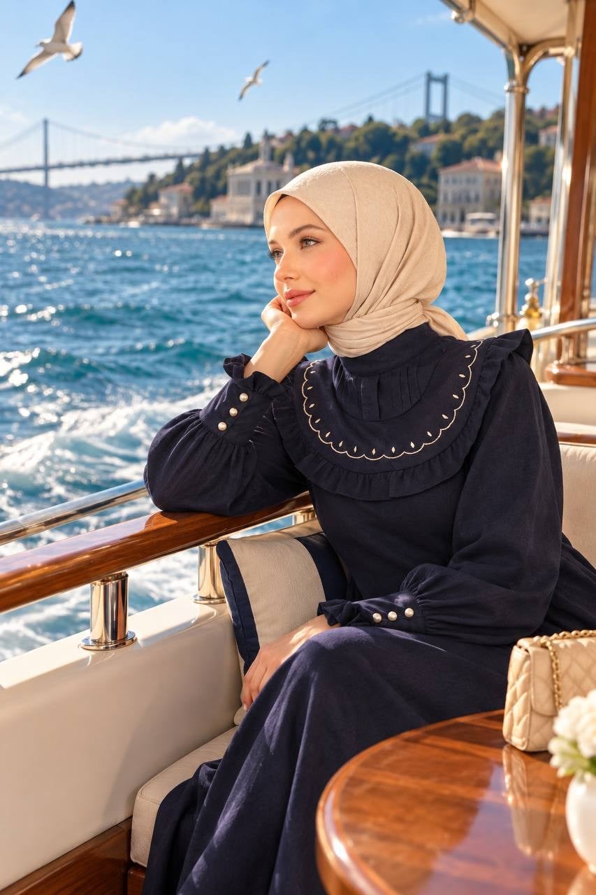 7089 Nakış Detaylı Fırfırlı Yaka Elbise - Lacivert 