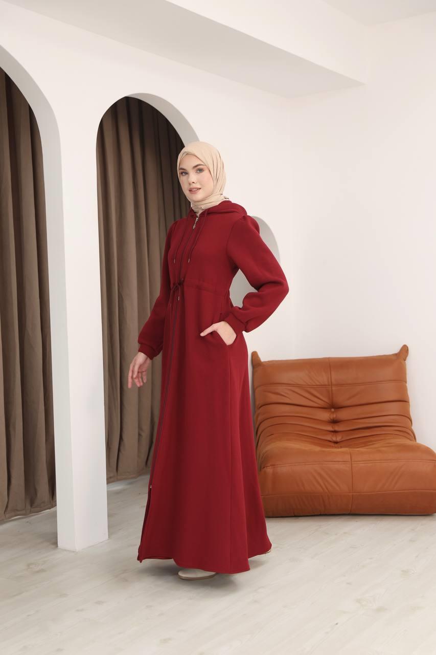 7090 Üç iplik Büzgülü Elbise - Bordo