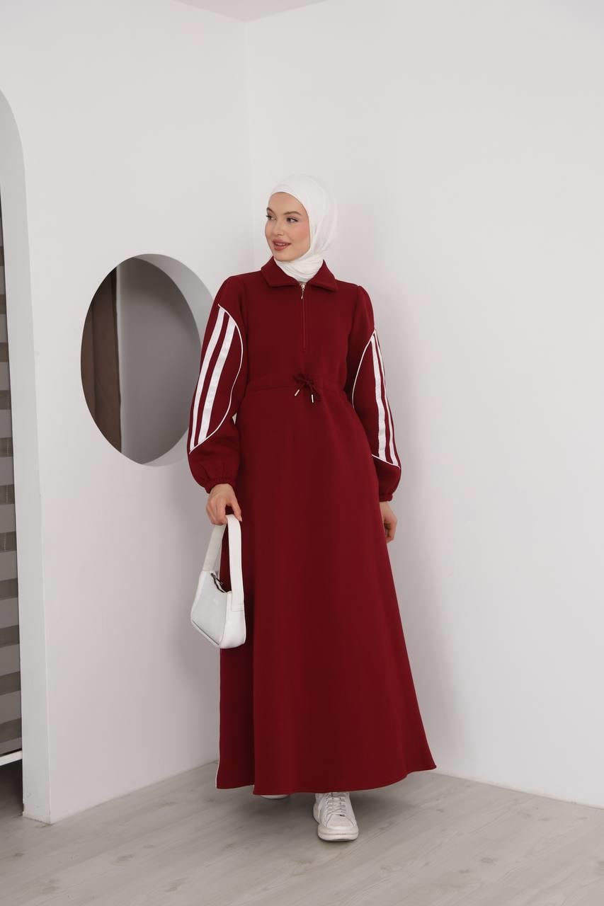 7097 Çift Çizgili kışlık Spor Elbise - Bordo