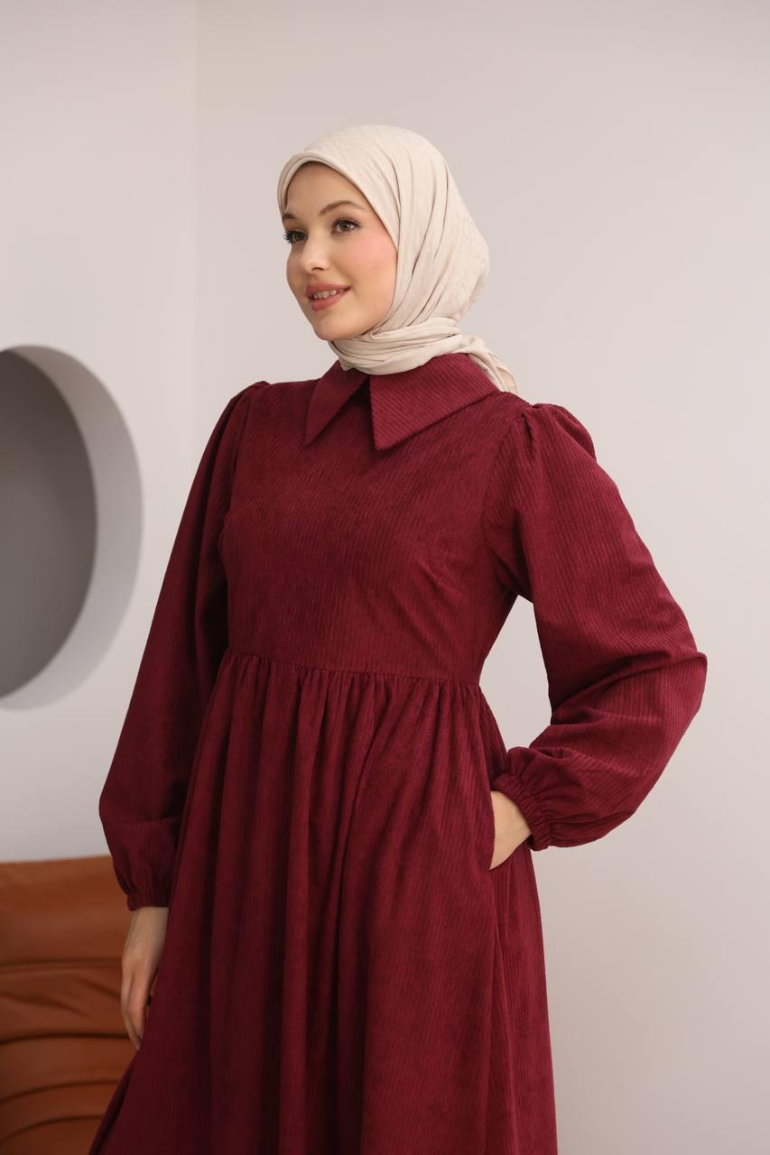 7100 Sade Tasarımlı Kadife Elbise - Bordo