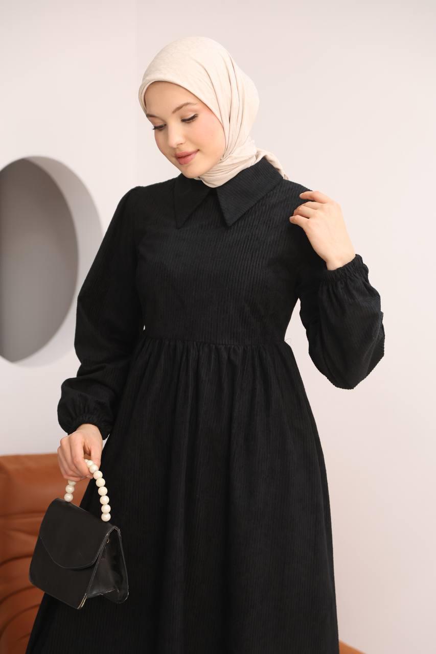 7100 Sade Tasarımlı Kadife Elbise - Siyah