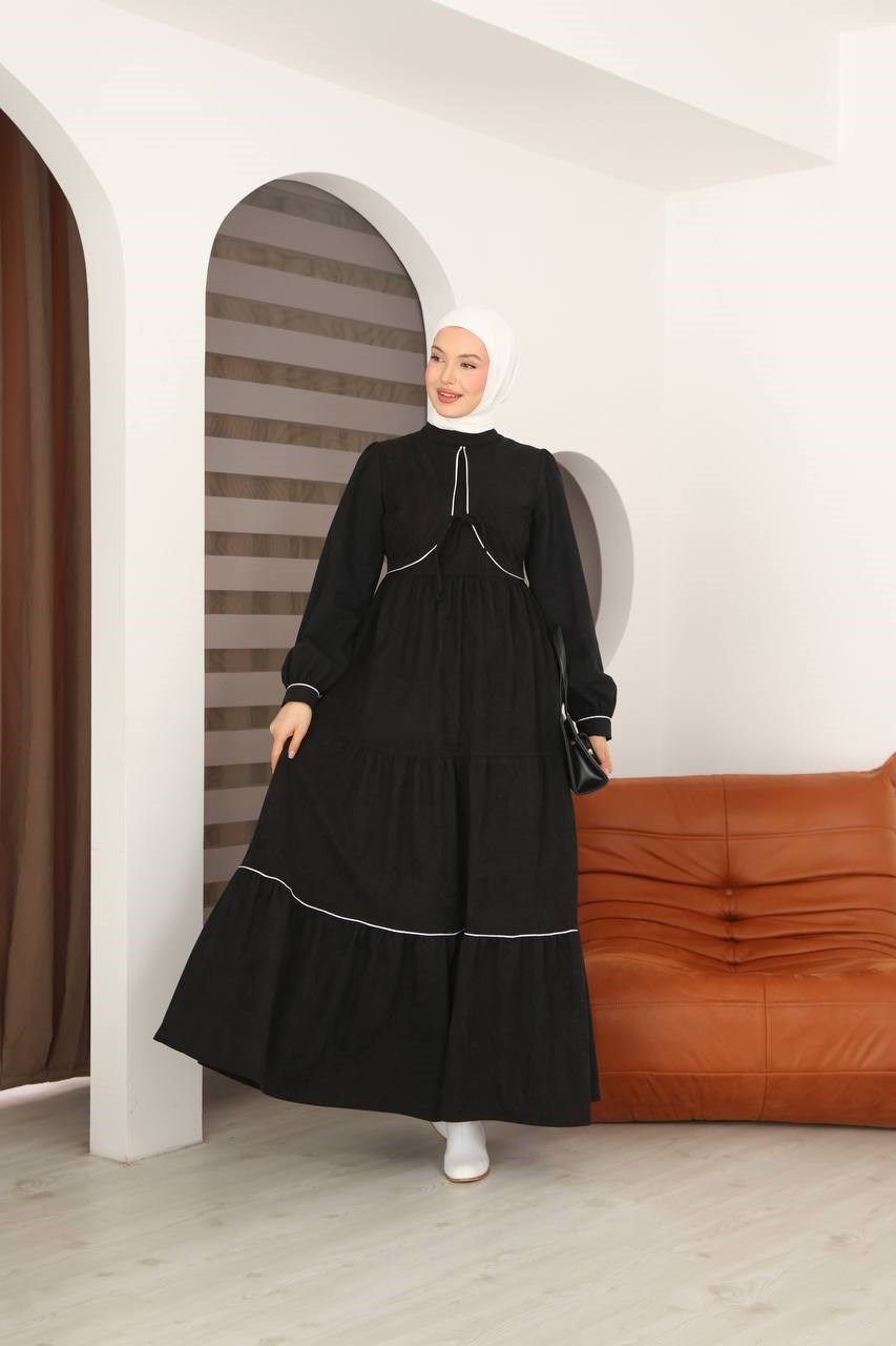 7102 Bağlamalı Katlı Elbise - Siyah 