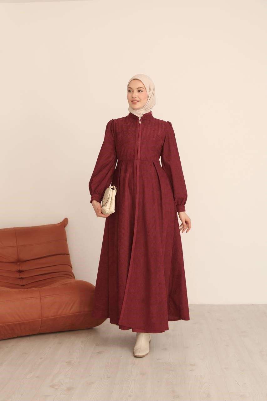 7104 Ön Fermuarlı Pileli Elbise - Bordo 