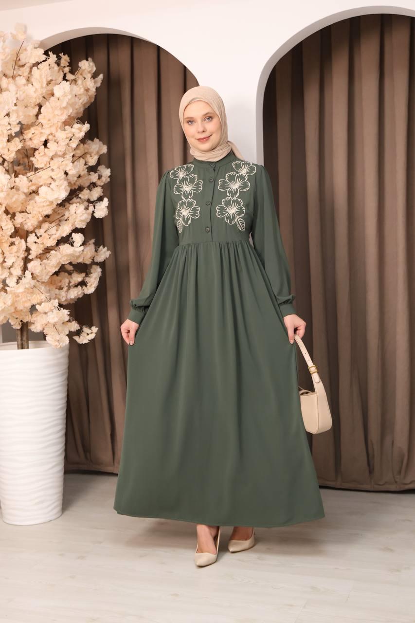 7107 Narin Nakışlı Elbise - Haki