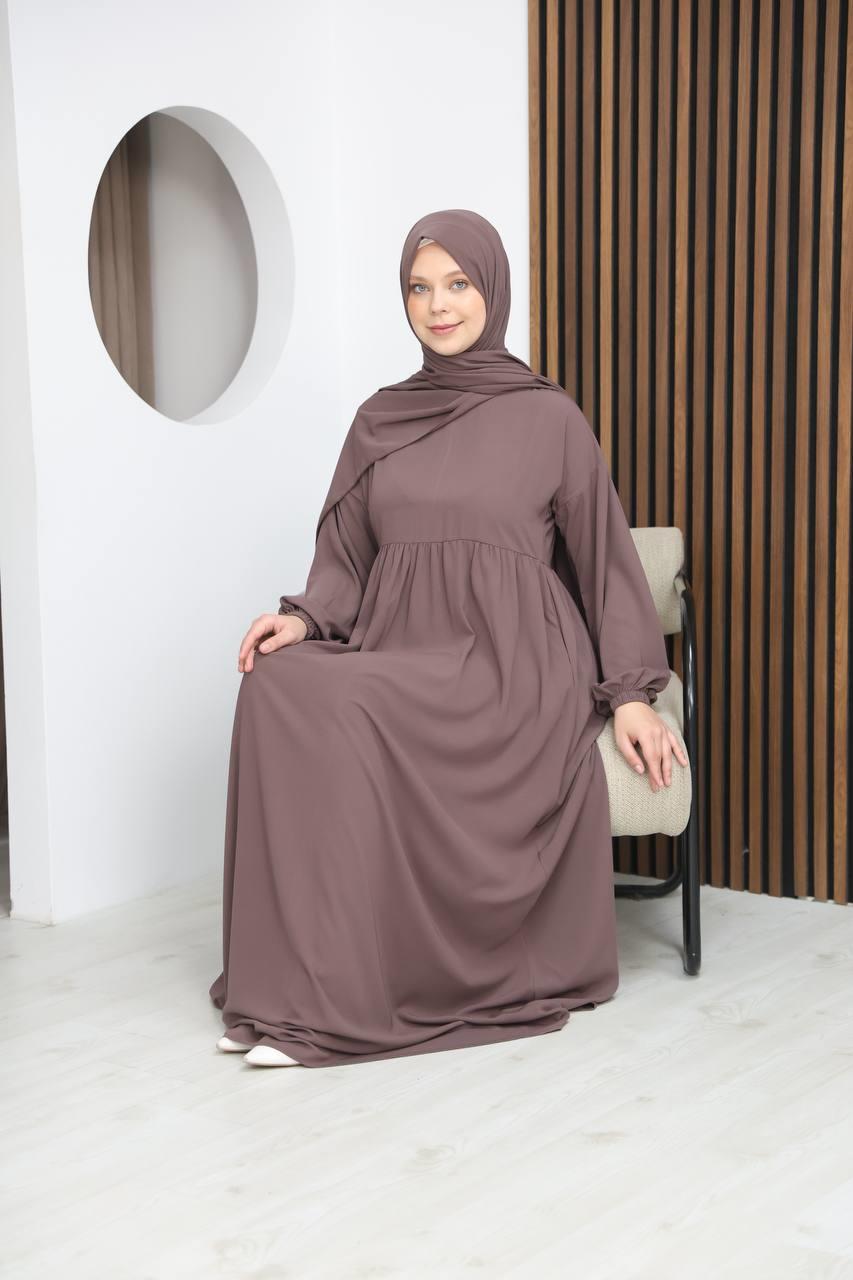 7108 Tesettür Elbise ve Şal Takımı - Sütlü Kahve