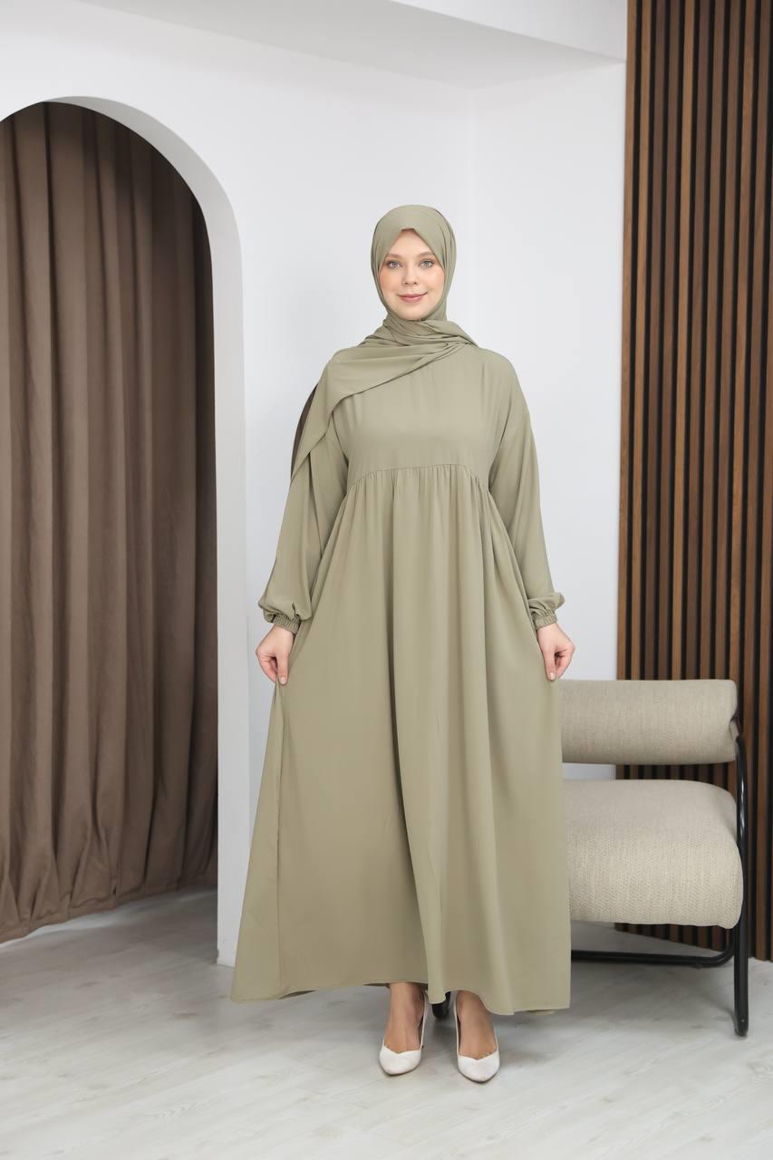 7108 Tesettür Elbise ve Şal Takımı - Zeytin Yeşili