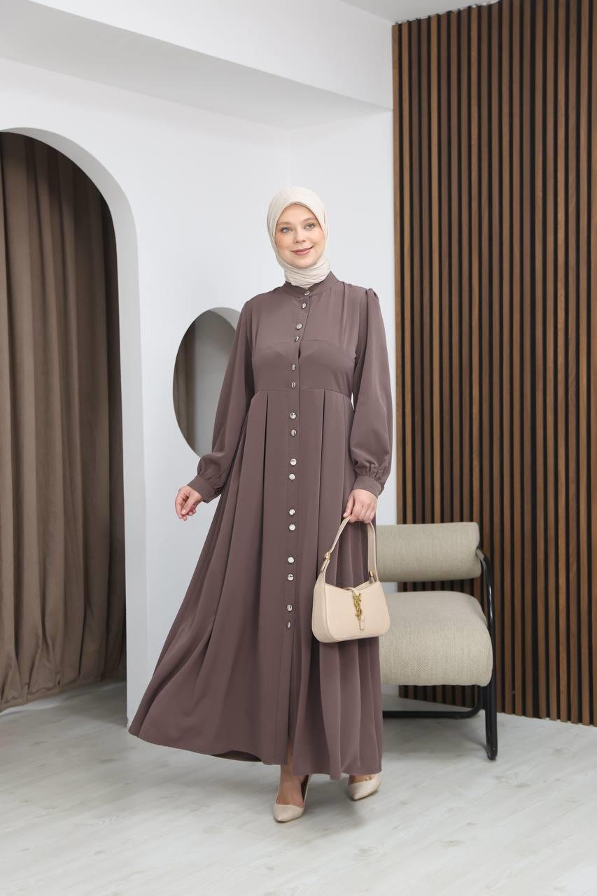 7112 Modern Pileli Elbise - Kahverengi