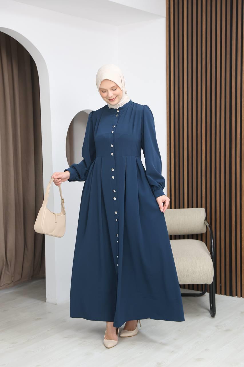 7112 Modern Pileli Elbise - Saks Mavisi