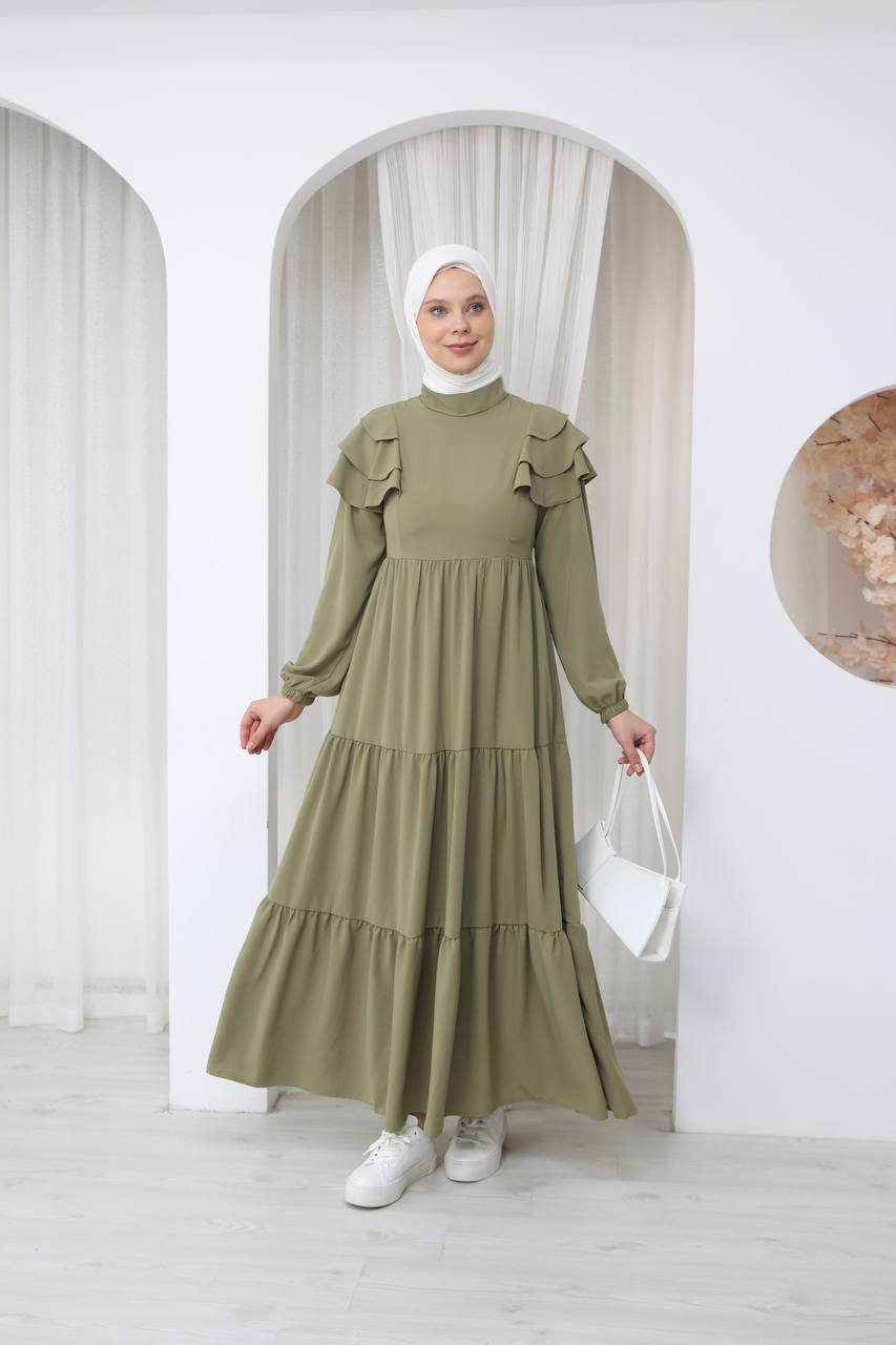 7121 Nazlı Kat Kat Elbise - Haki