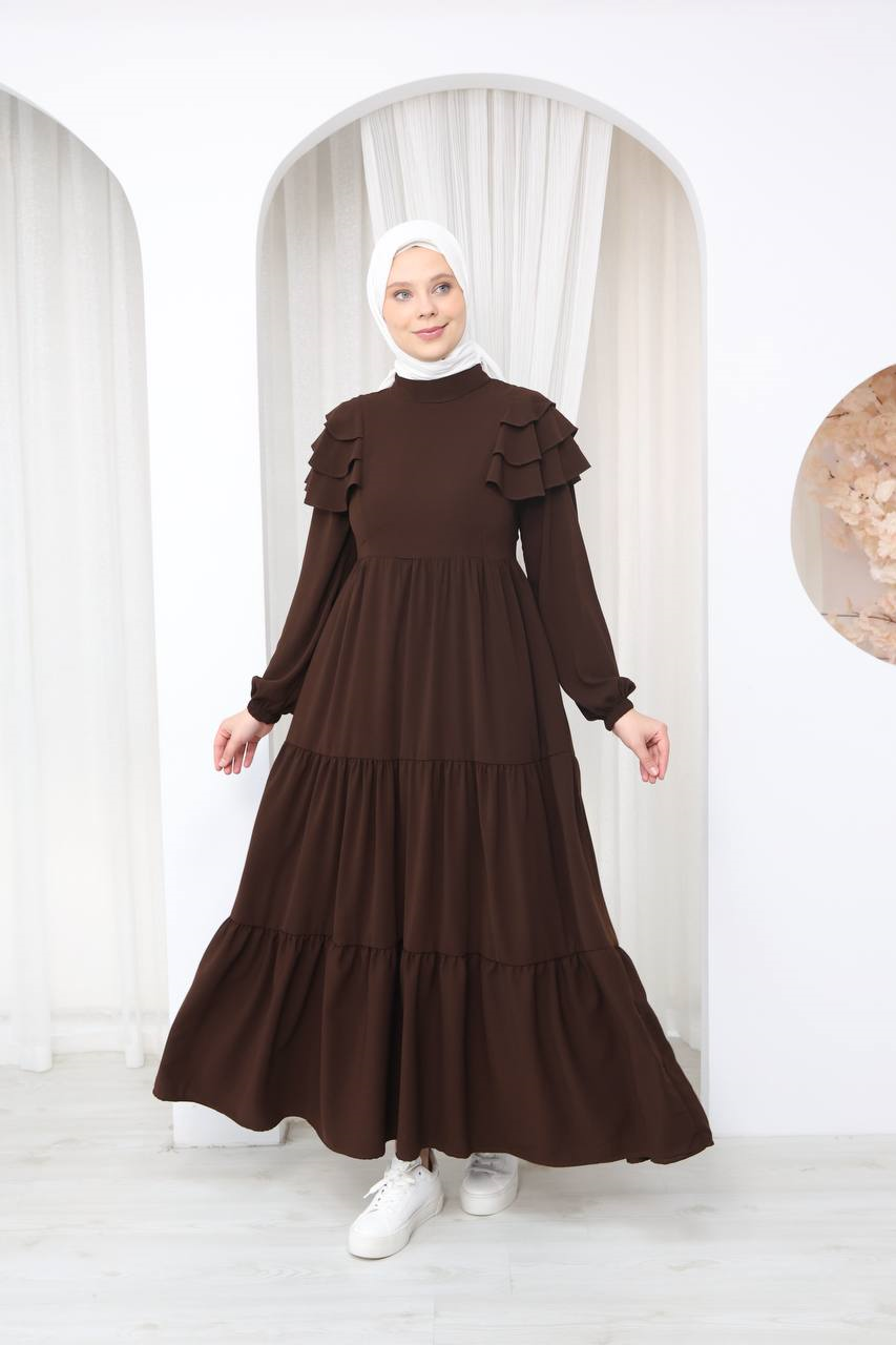 7121 Nazlı Kat Kat Elbise - Kahverengi