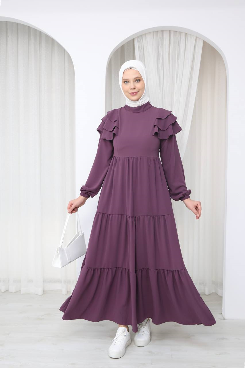 7121 Nazlı Kat Kat Elbise - Mürdüm