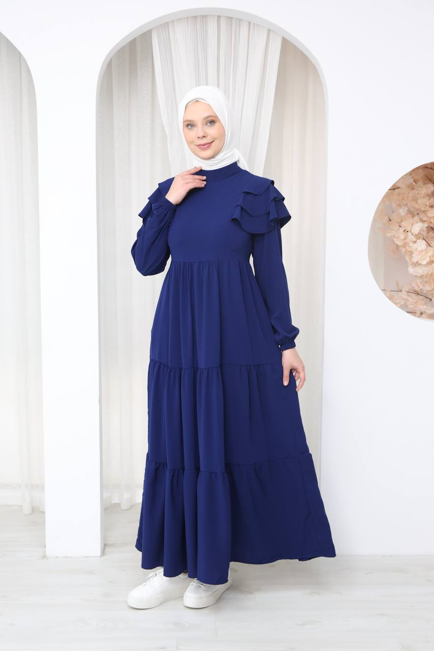 7121 Nazlı Kat Kat Elbise - Saks Mavisi