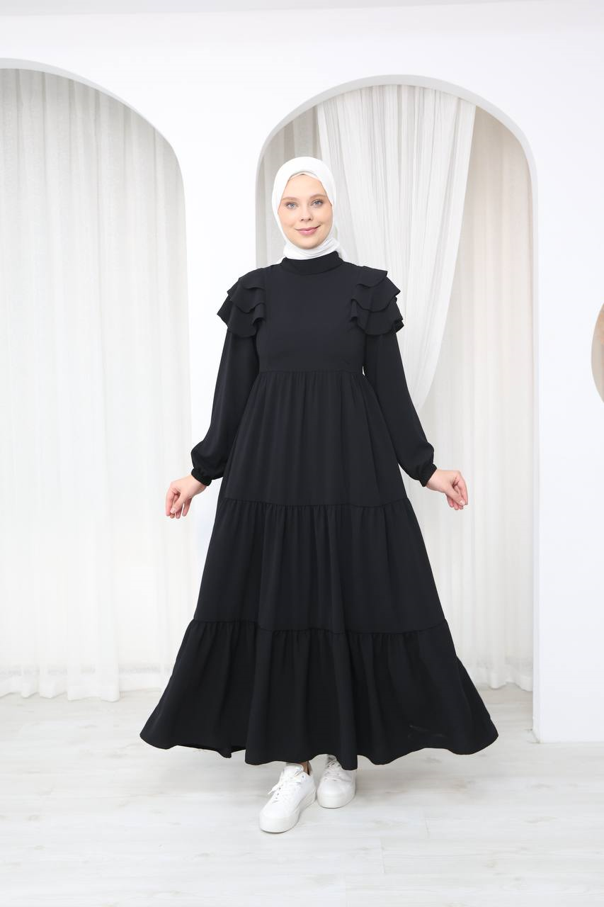 7121 Nazlı Kat Kat Elbise - Siyah