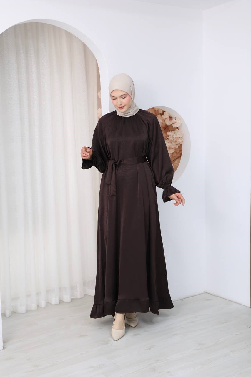 7136 Saten Soft Dokunuş Elbise - Acı kahve