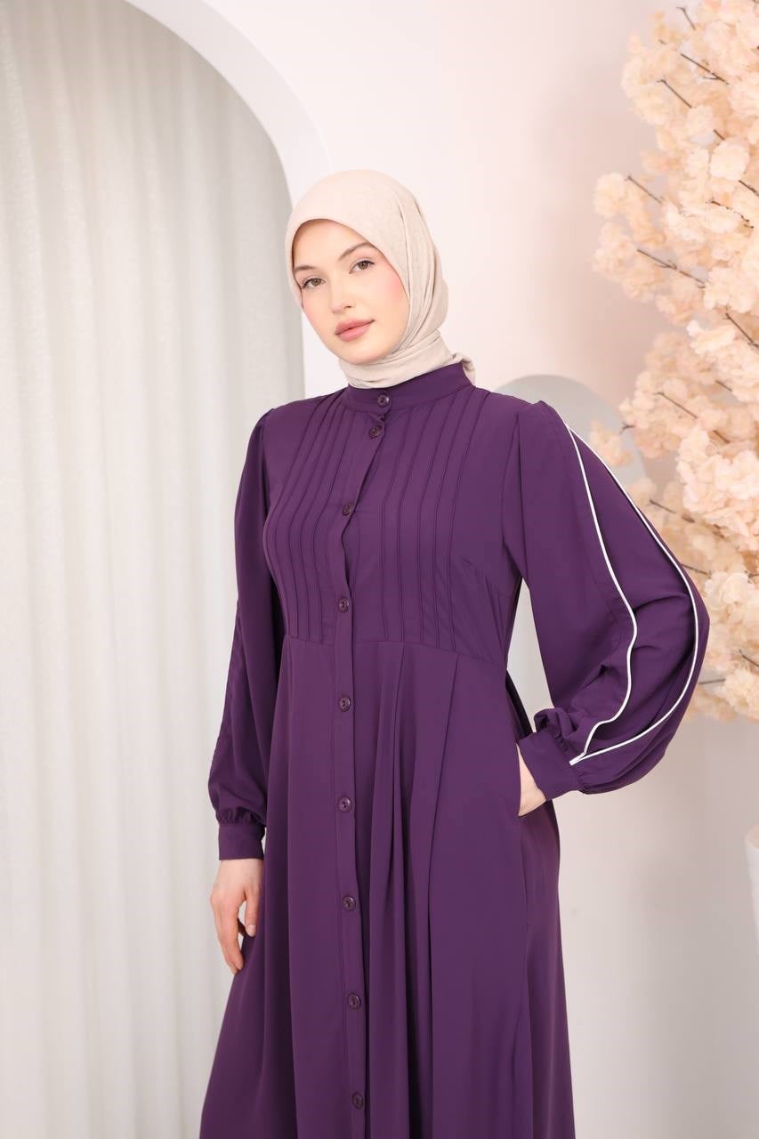7139  Kırma Detaylı Elbise -  Mor