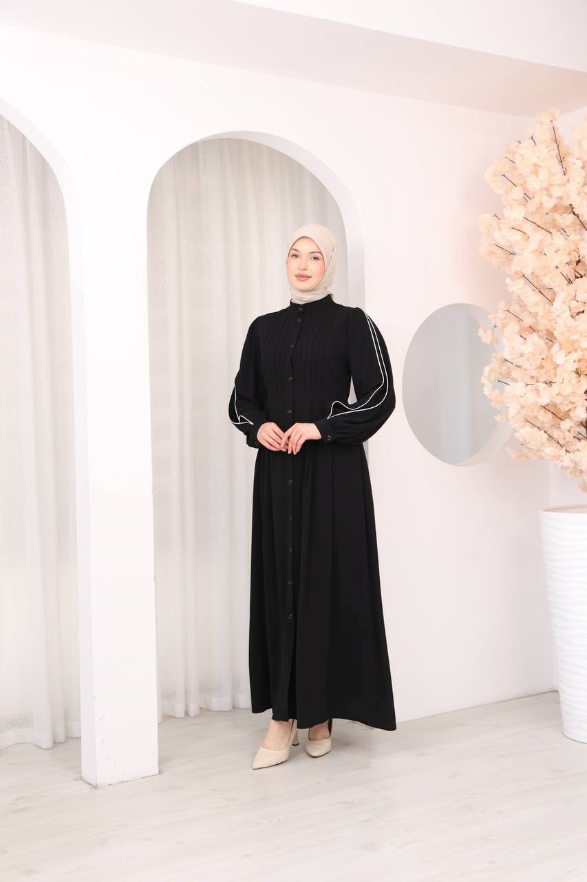 7139  Kırma Detaylı Elbise -  Siyah