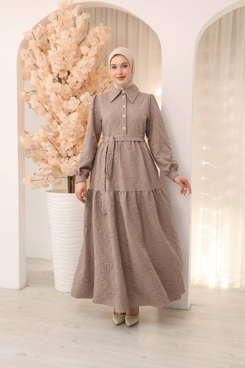 7140 Klasik Kesim Kemerli Elbise - Bej