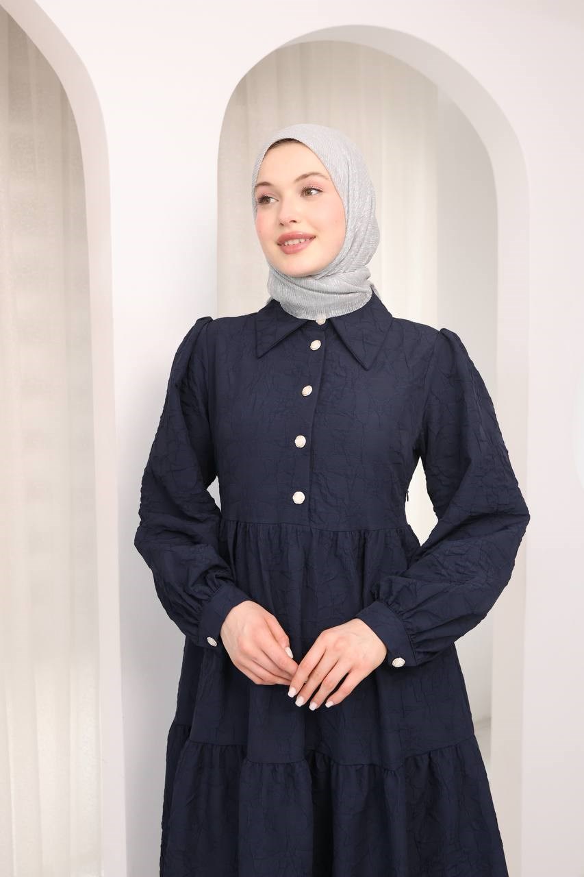 7140 Klasik Kesim Kemerli Elbise - Lacivert