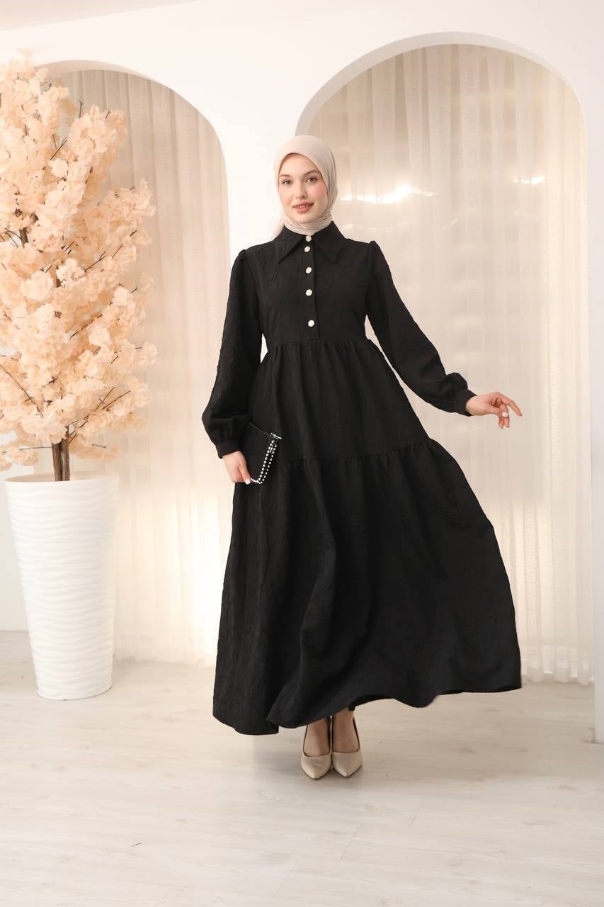 7140 Klasik Kesim Kemerli Elbise - Siyah