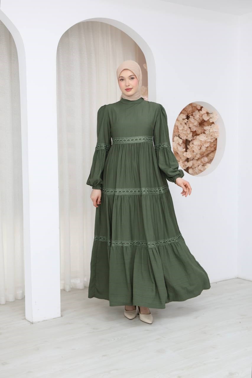 7141 Dantel Şeritli Elbise - Haki