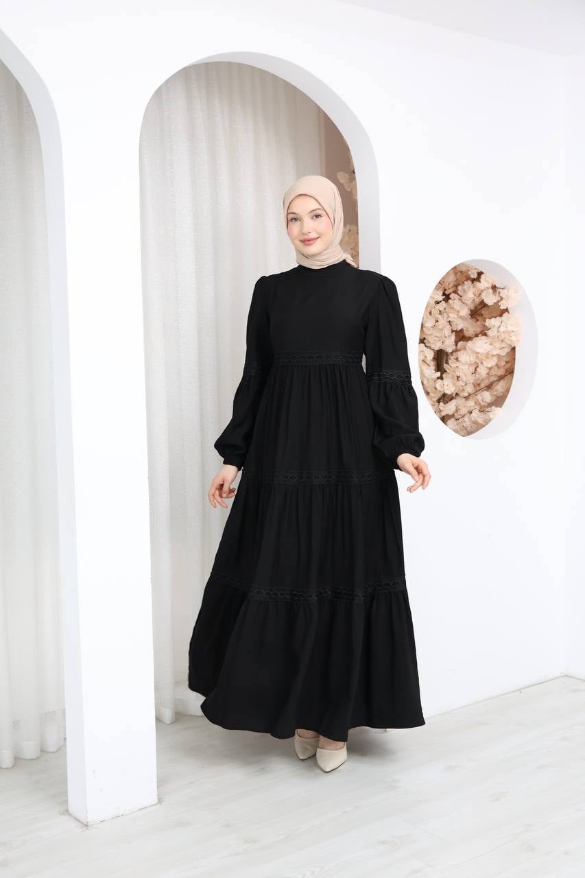 7141 Dantel Şeritli Elbise - Siyah