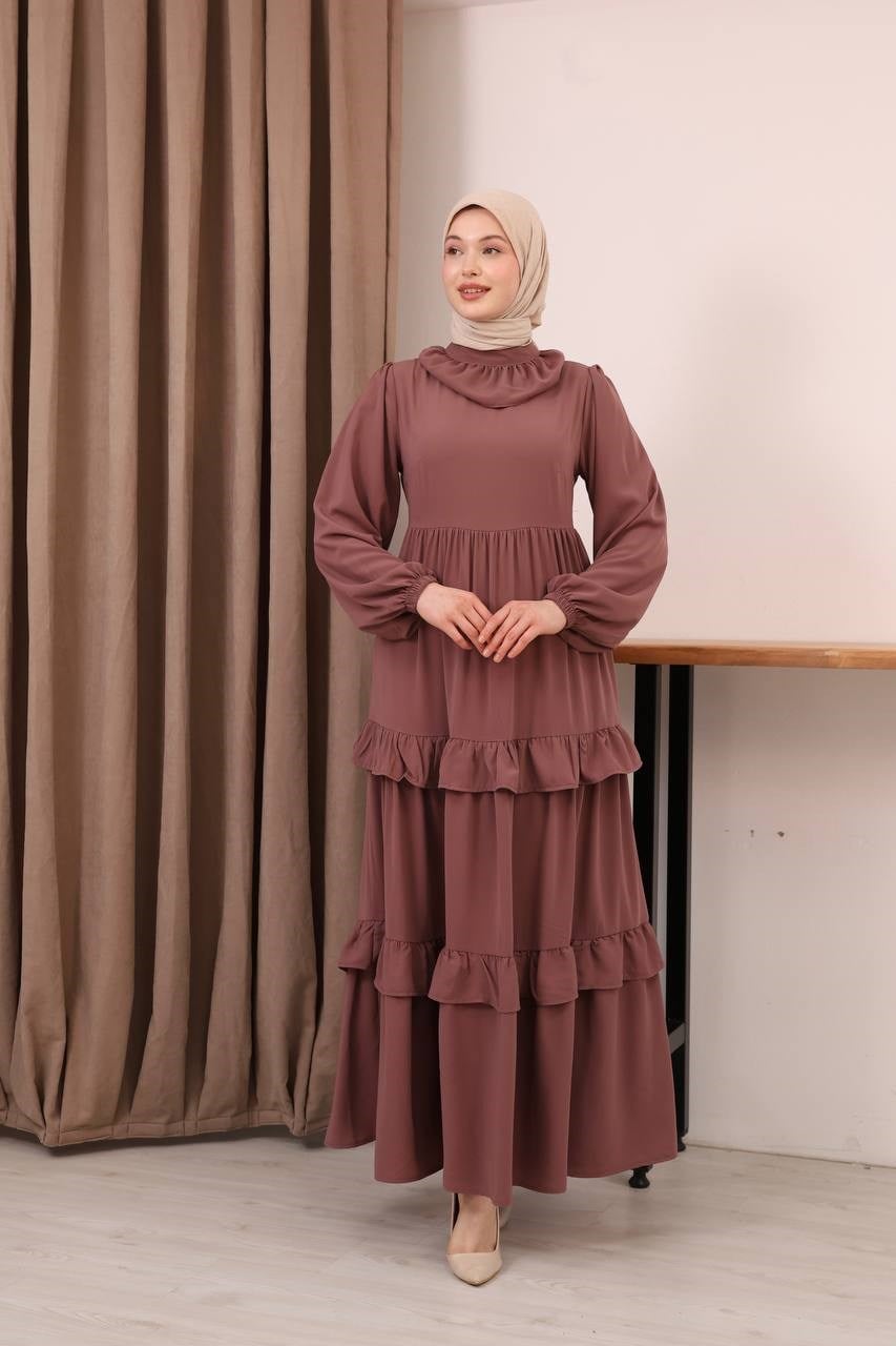 7145 Büzgü Yakalı Volanlı Elbise - Gül kurusu