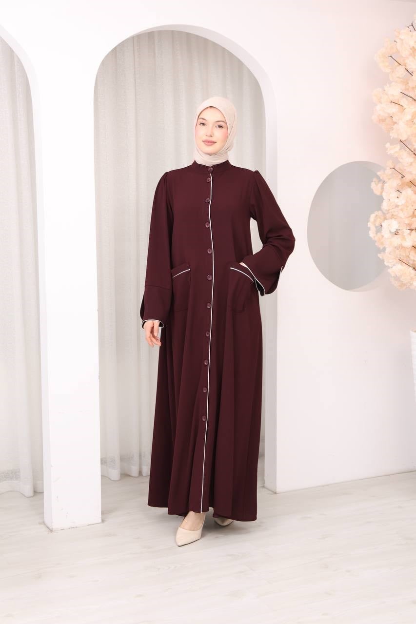 7147  Önü Düğmeli Cepli Ferace - Bordo