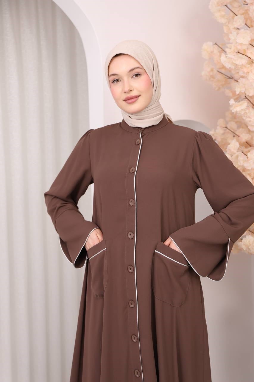 7147  Önü Düğmeli Cepli Ferace -  Kahverengi