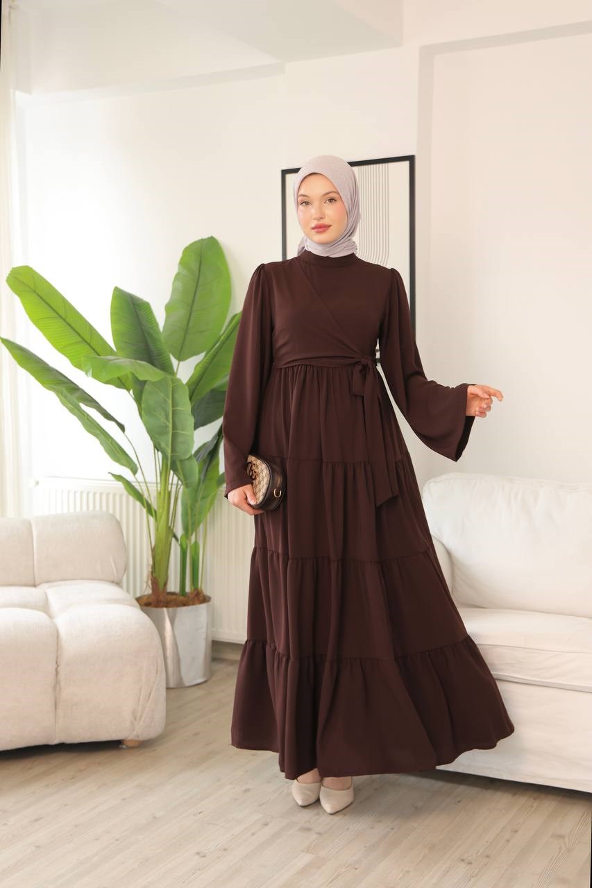 7148 Prenses Kesim Elbise - Kahverengi