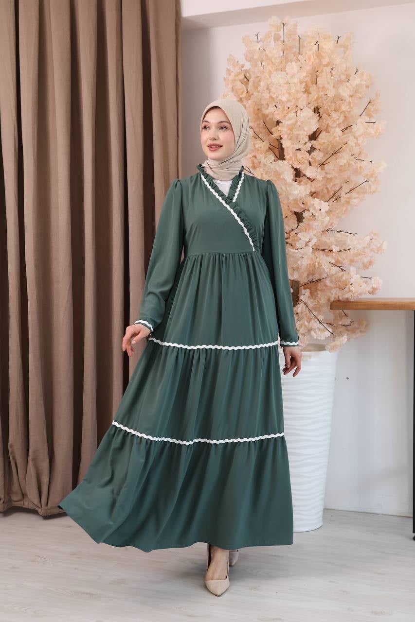 7154 Narin Güpür Fırfır Elbise - Mint Yeşili