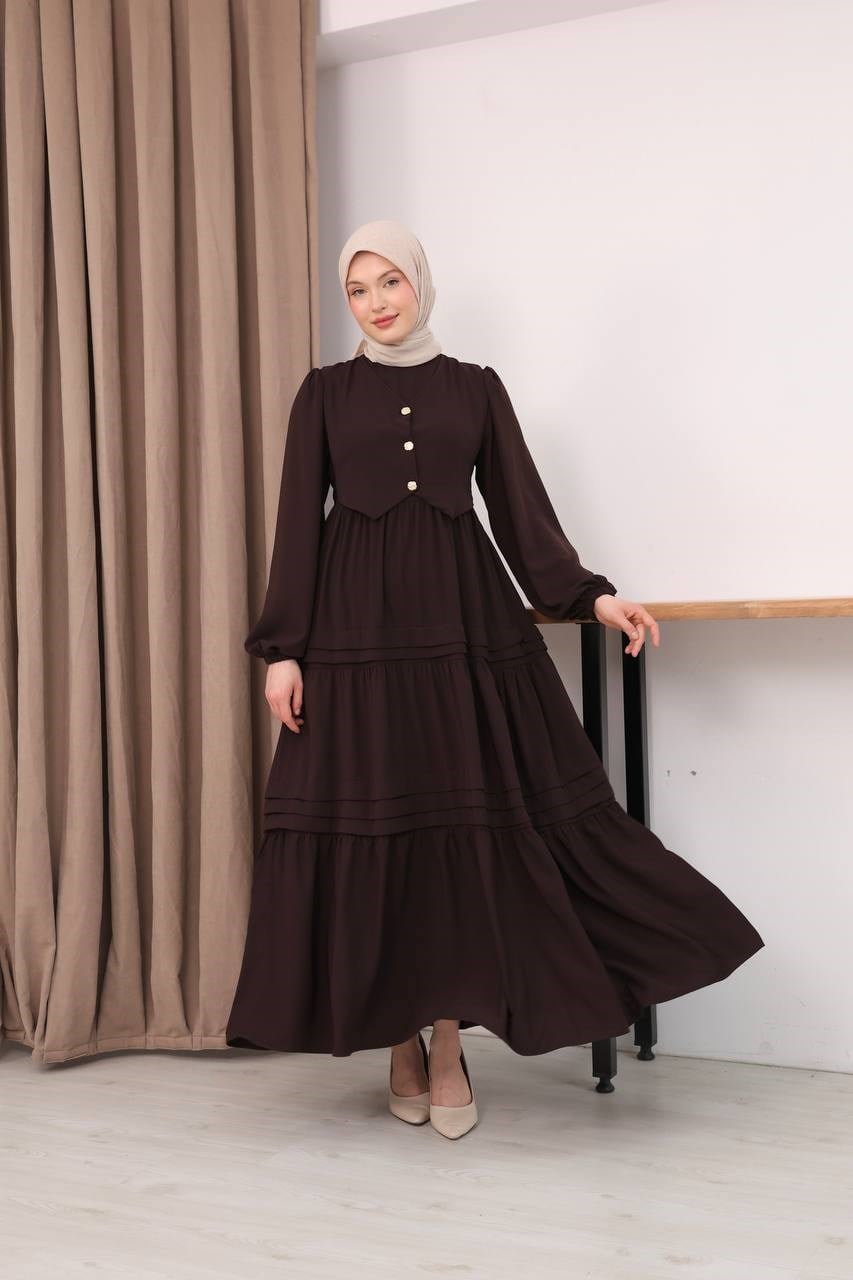 7156 Elegant Katlı Elbise - Acı kahve 