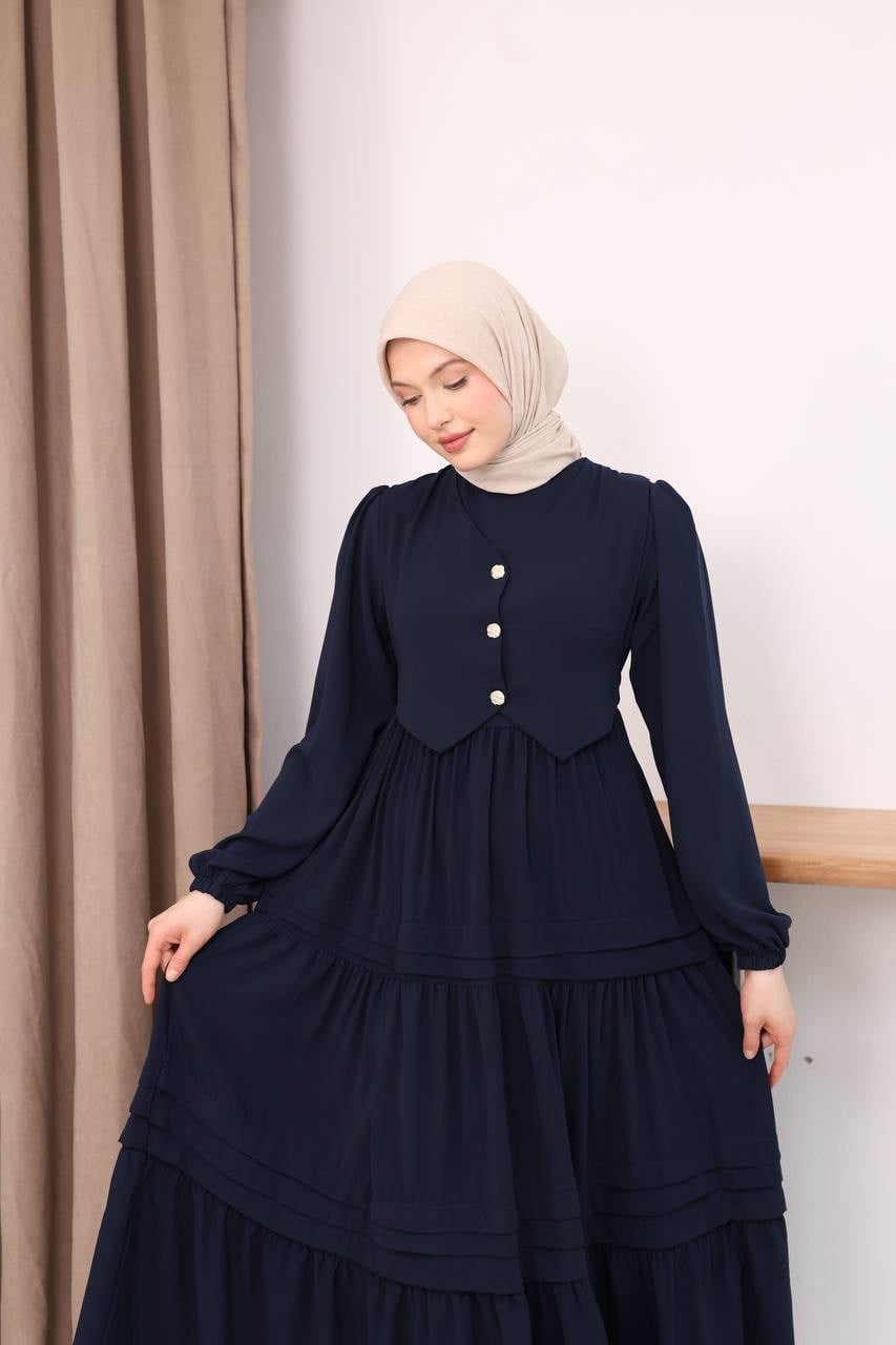 7156 Elegant Katlı Elbise - Lacivert 