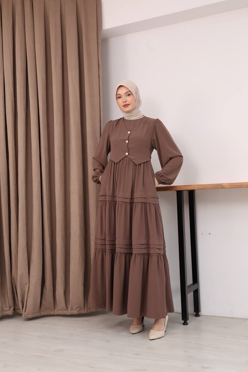 7156 Elegant Katlı Elbise - Sütlü kahve 