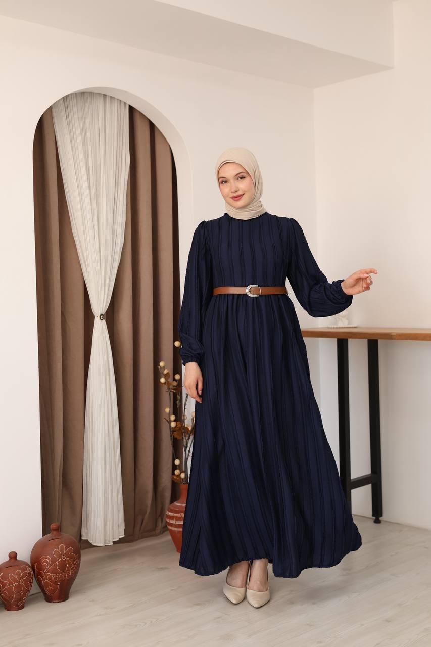 7167 Modern Deri Kemerli Elbise - Lacivert