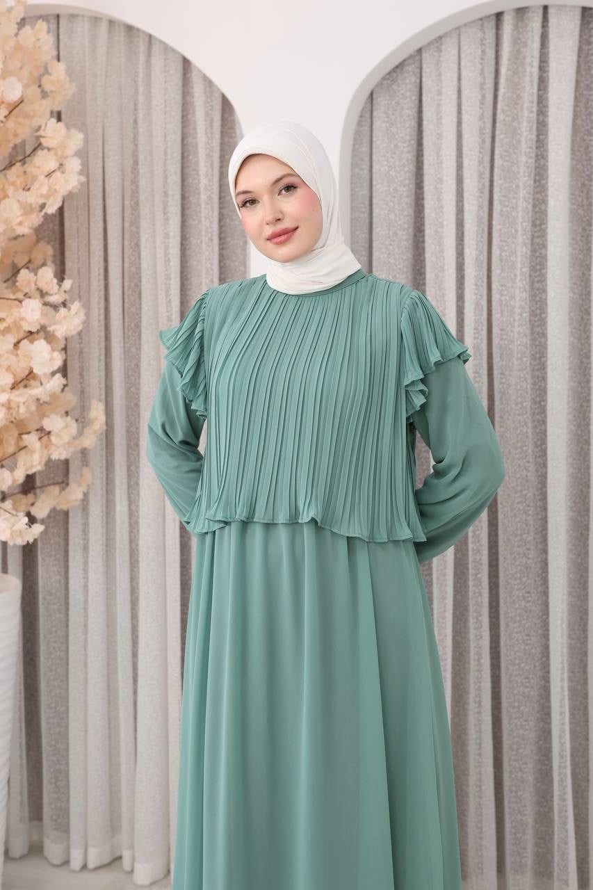 7169 Şifon Fırfır Detaylı Elbise - Mint