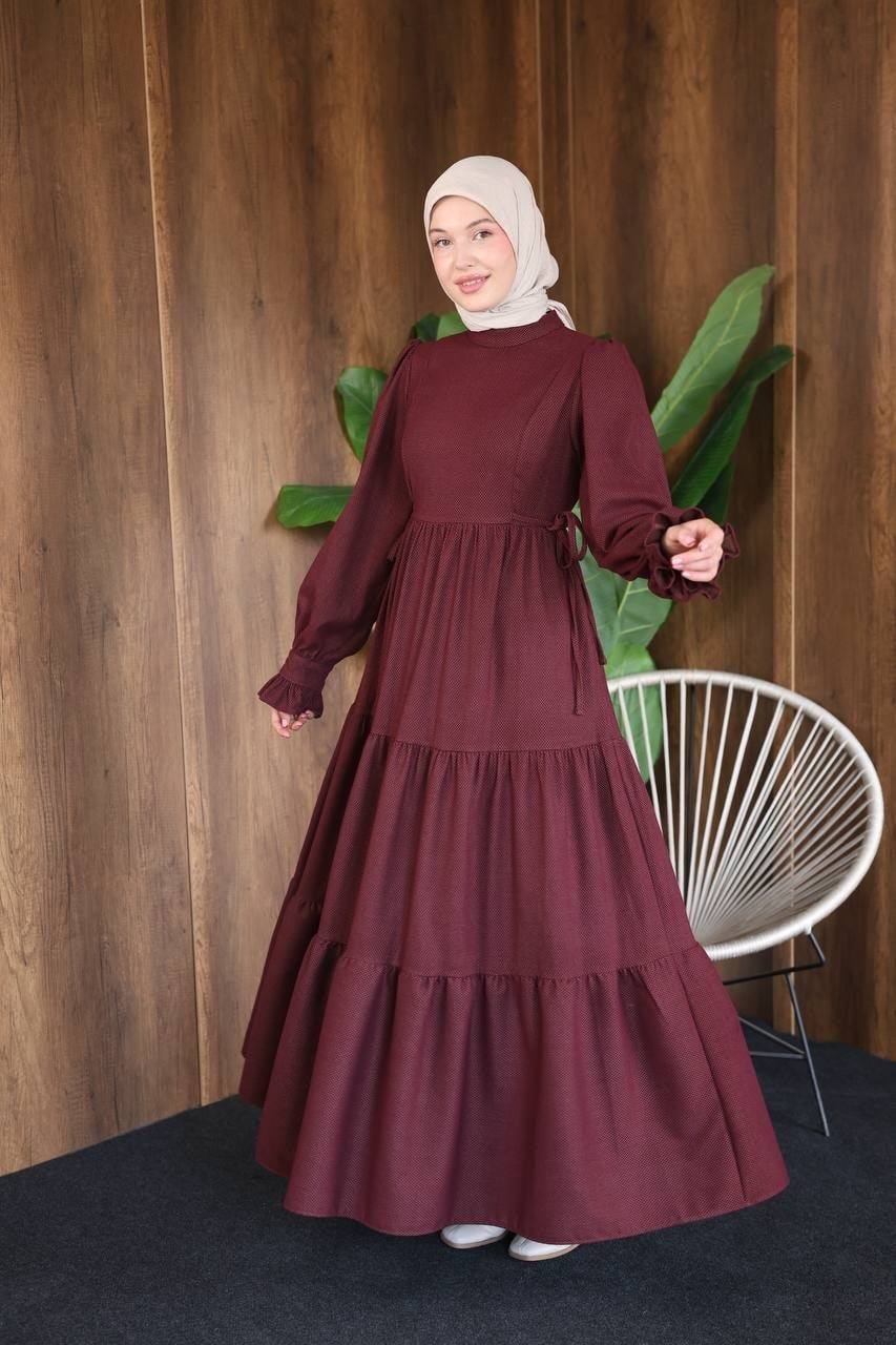 7185 Bel Kuşaklı Fırfır Kollu Elbise - Bordo 