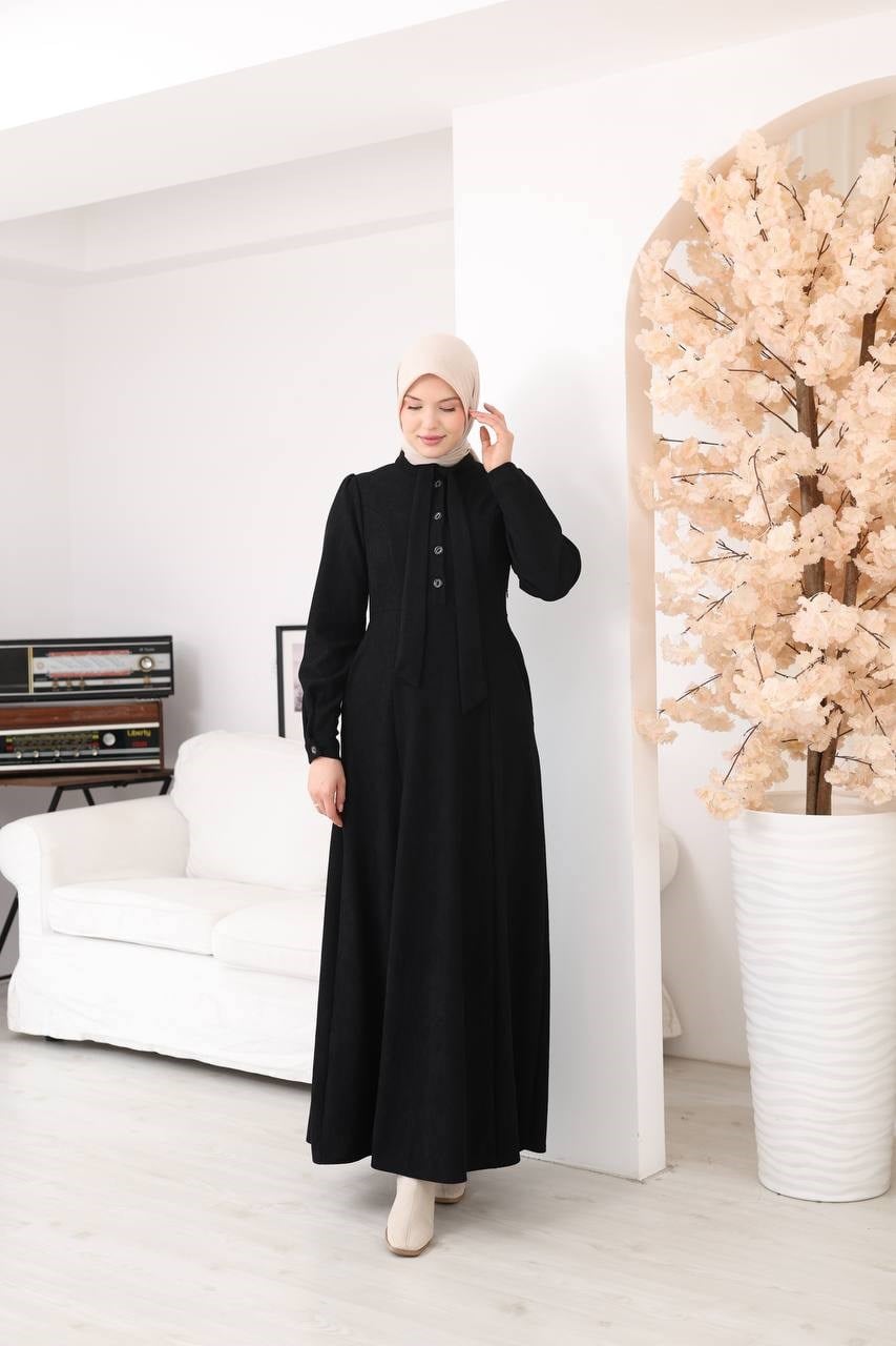 7207 Yakası Fiyonklu Elbise - Siyah 