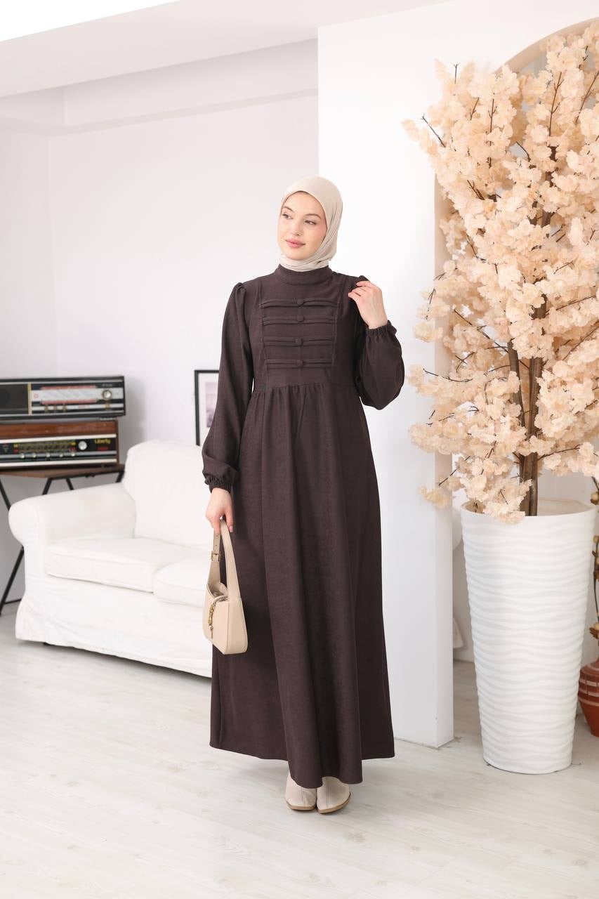 7217 Kemerli Askeri Stil Elbise - Kahverengi 