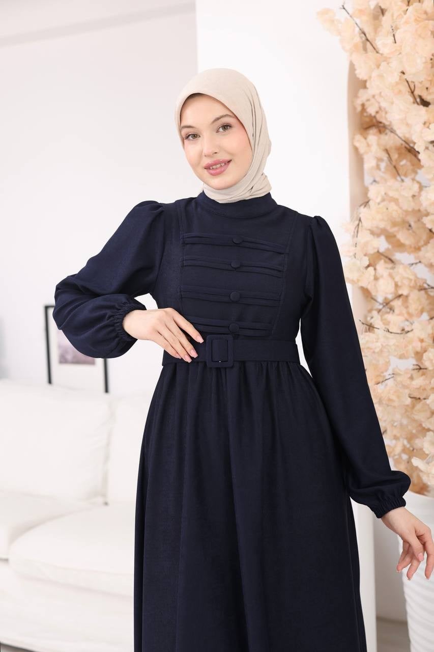 7217 Kemerli Askeri Stil Elbise - Lacivert 