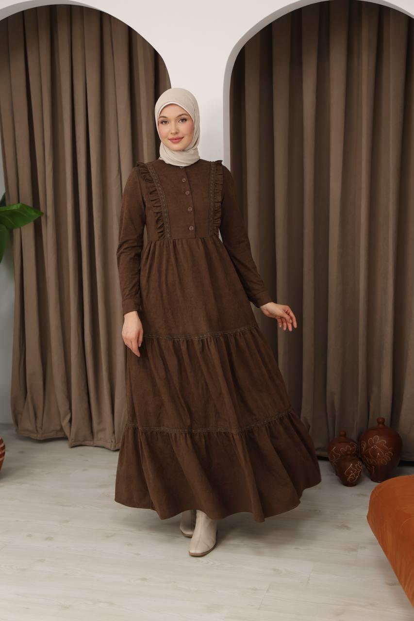 8034 Güpürlü Fırfırlı Elbise - Kahverengi