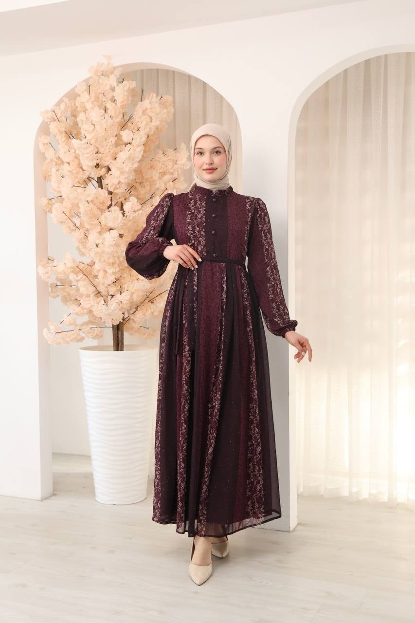 9187 Zarif Desenli Şifon Elbise - Mürdüm 