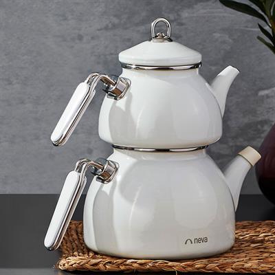 Neva N3075 BEYAZ  EMAYE EL YAKMAYAN KULPLU BÜYÜK BOY ÇAYDANLIK TAKIMI