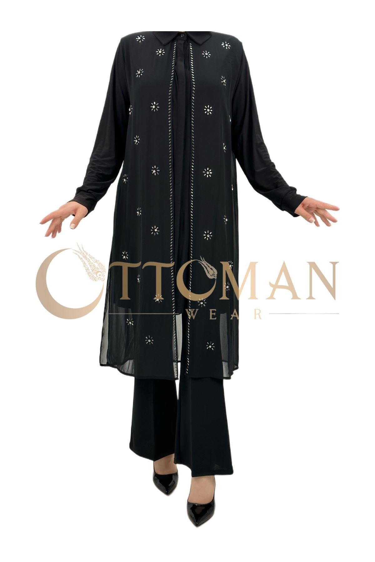 Önü Taşlı Şifon Tunik Siyah OTW4474