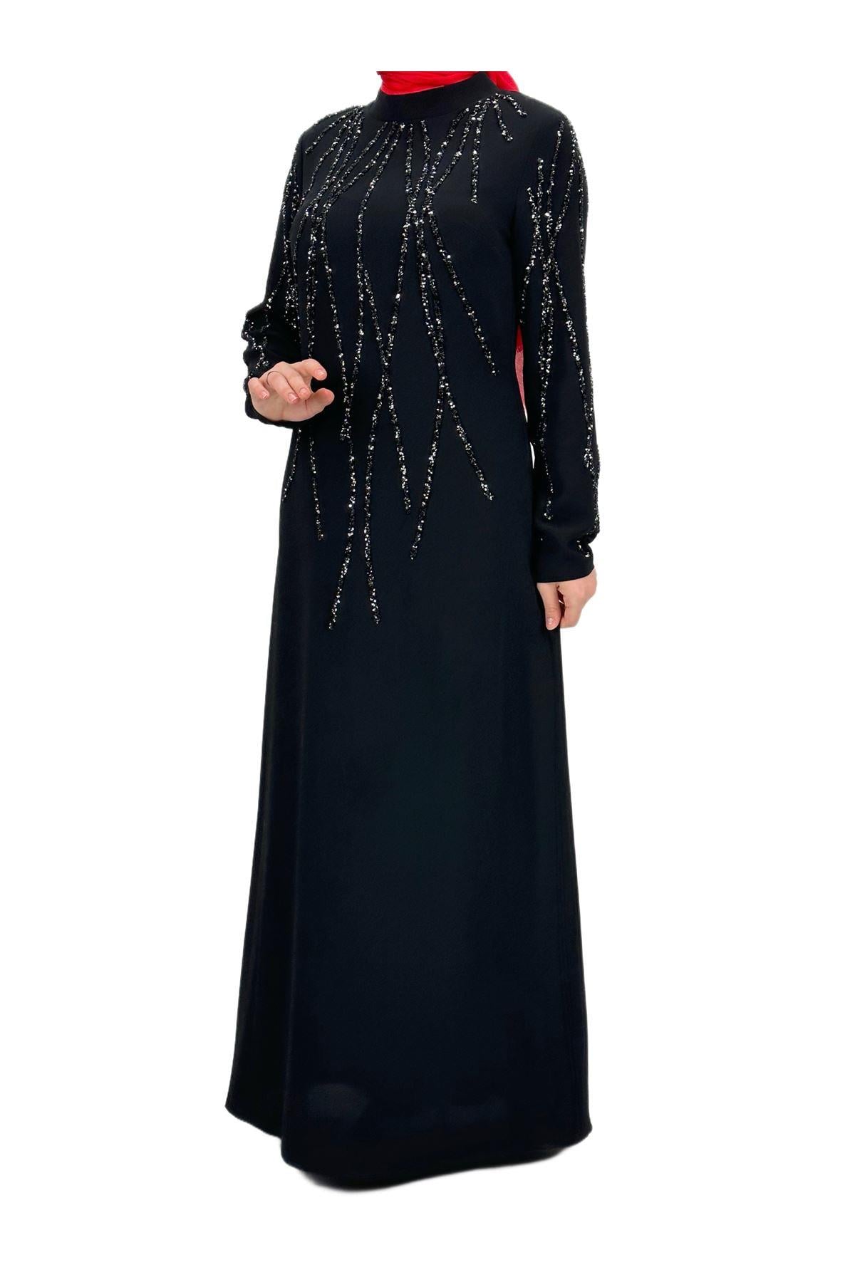 Taş İşlemeli Abiye Elbise Siyah OTW4660
