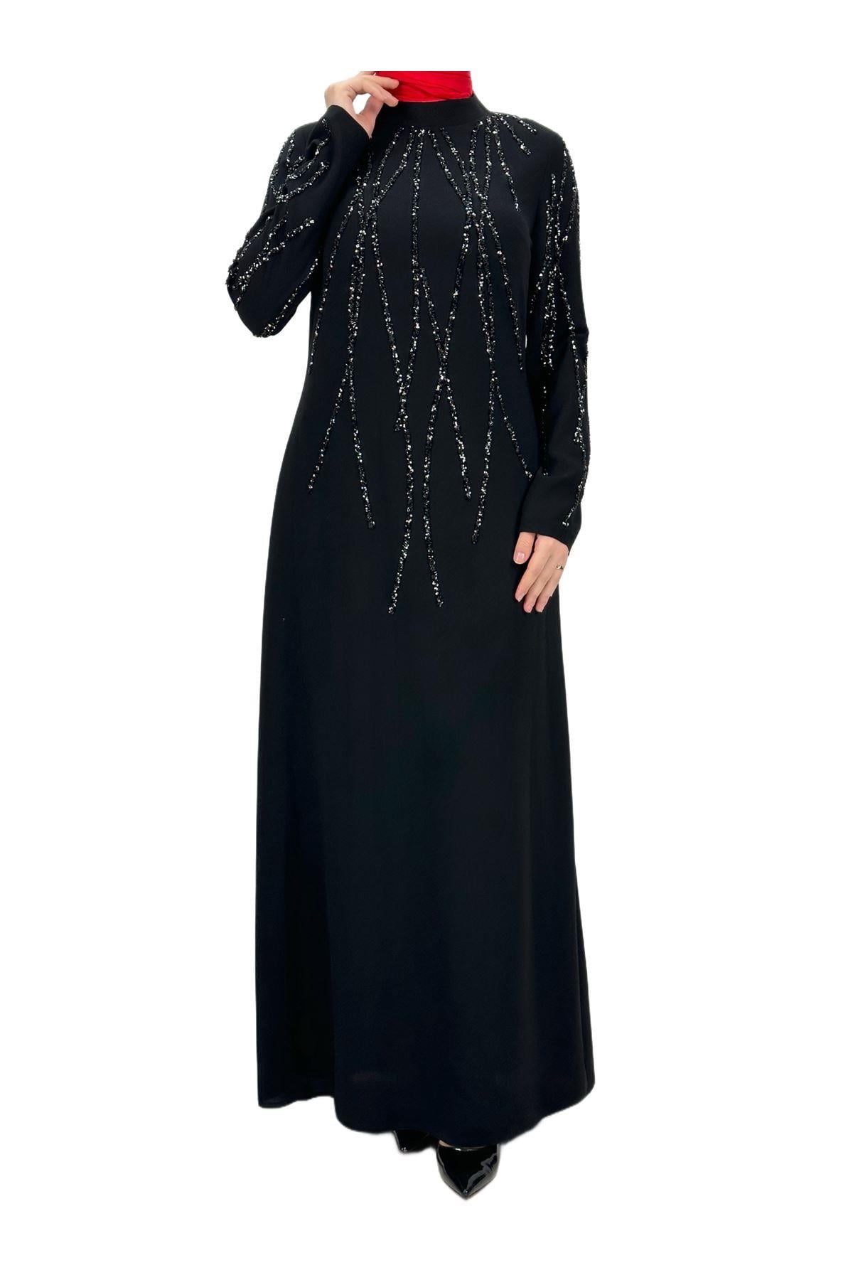 Taş İşlemeli Abiye Elbise Siyah OTW4660