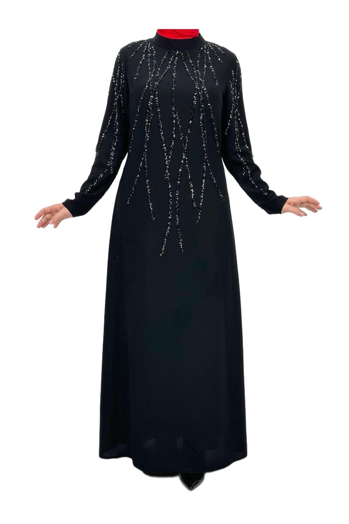 Taş İşlemeli Abiye Elbise Siyah OTW4660