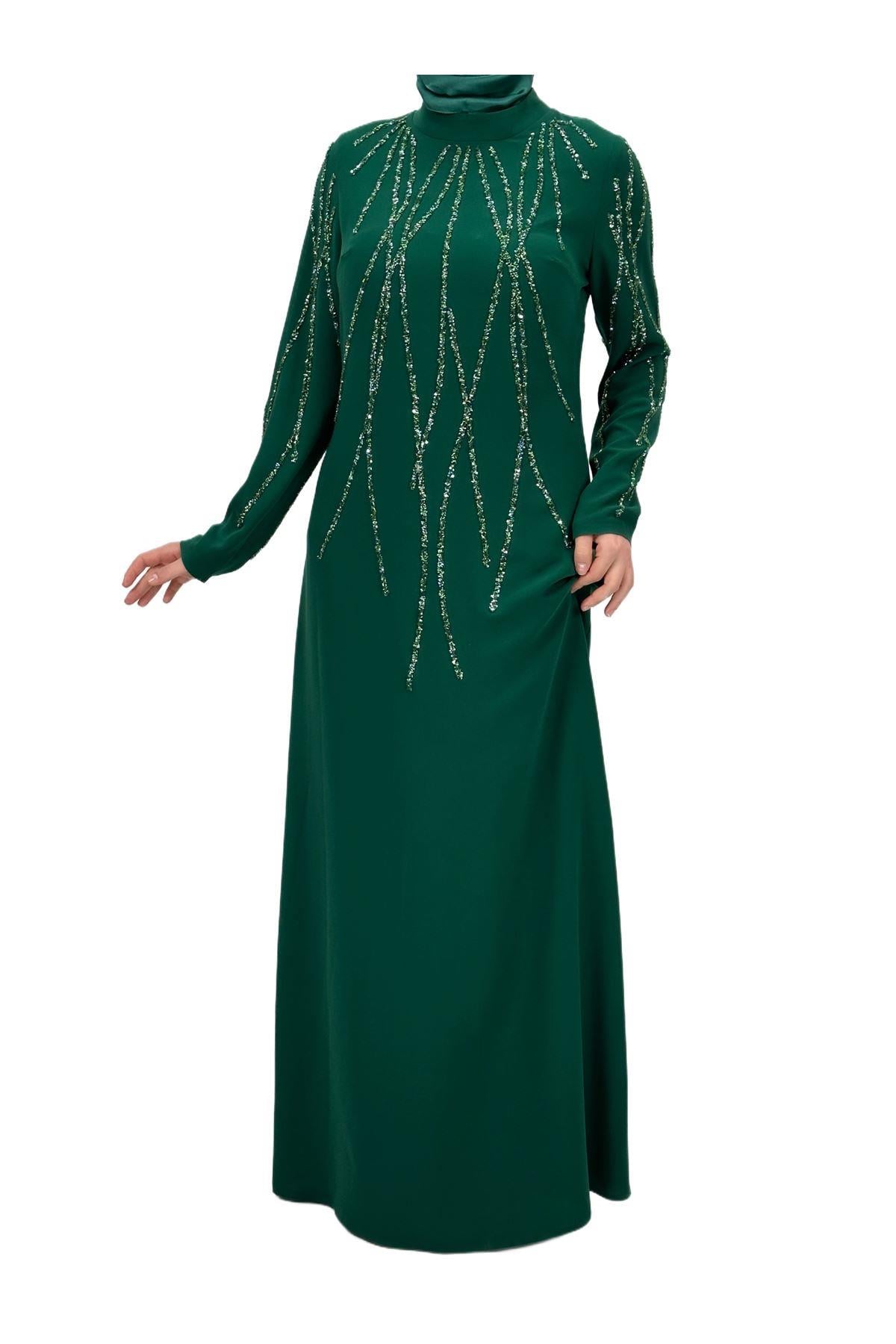 Taş İşlemeli Abiye Elbise Yeşil OTW4660