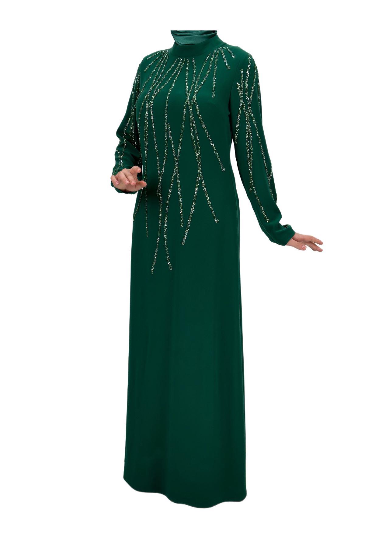 Taş İşlemeli Abiye Elbise Yeşil OTW4660